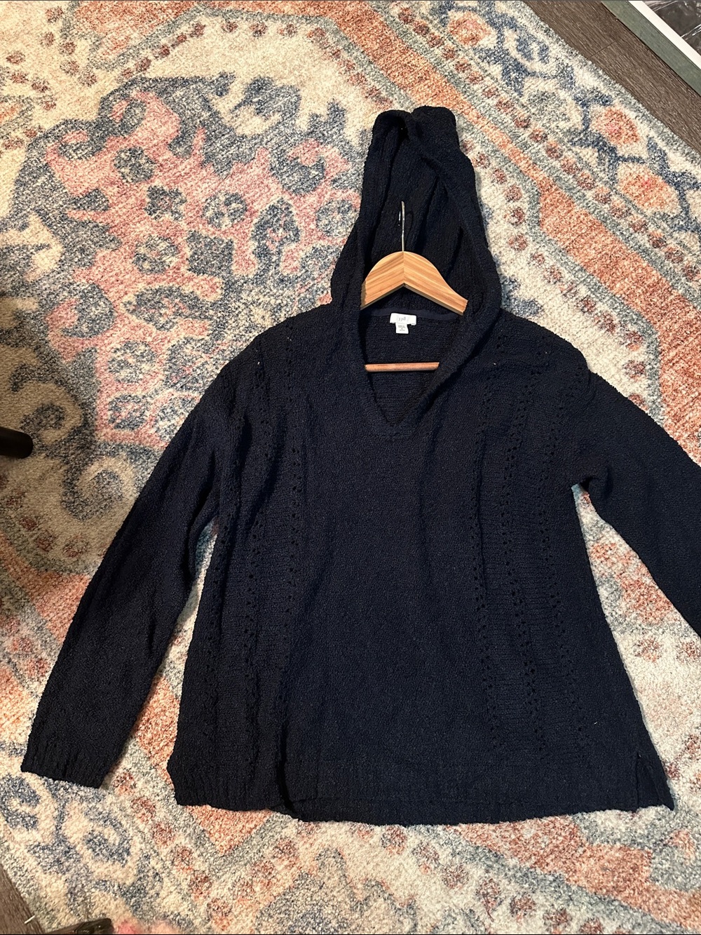 J. Jill Navy Coastal Textured Cotton Blend Sweater with Hood